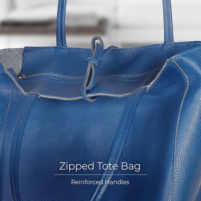 Italian Calf Leather Tote for Women with Zipper, Inner Pocket & Flat Base | Soft Unlined Shopper for Work & Travel