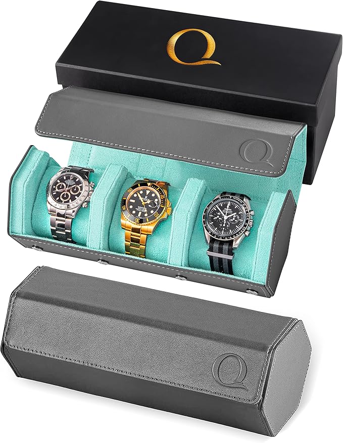 Napa Leather Watch Rolls for Men - Hexagon Triple Watch Roll Travel Case 3 Watches - Storage Organizer Genuine Leather with Velvet Interior Display (Gray/Turquoise)