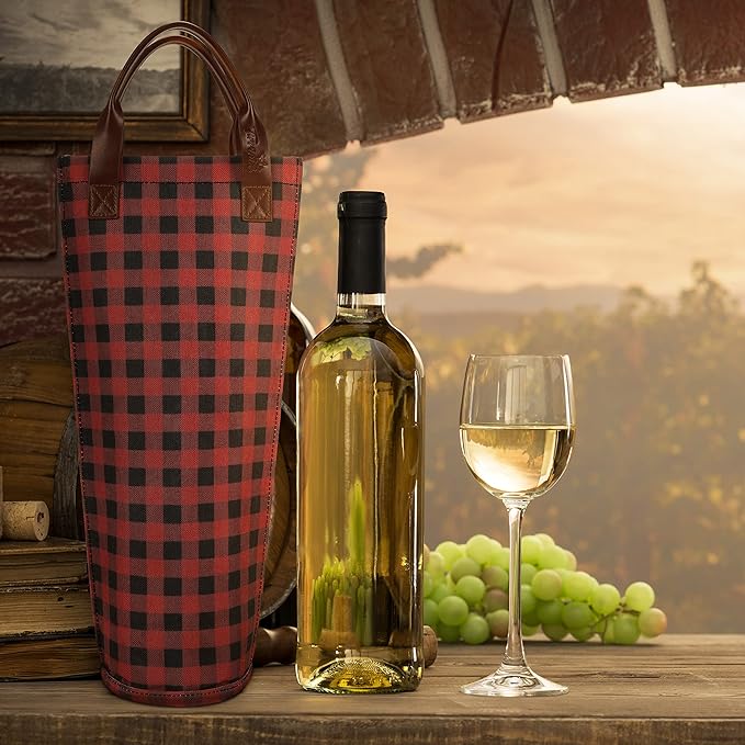 Tirrinia Single Wine Carrier Tote, Insulated Cooler Bag for Travel & Picnic - Padded Bottle Holder, Gift for Wine Lovers, Red Grid