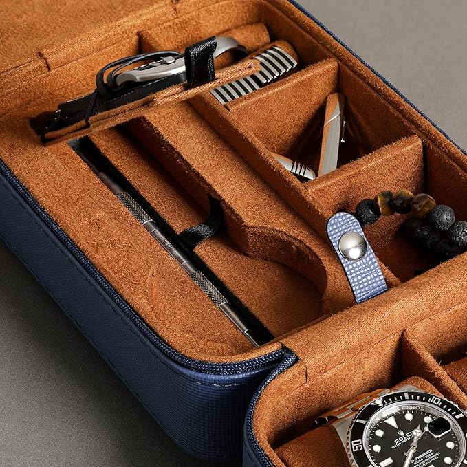 ROTHWELL 5 Watch Travel Case Storage Organizer for 5 Watches | Tough Portable Protection w/Zipper Fits All Wristwatches & Smart Watches Up to 50mm (Blue/Tan)