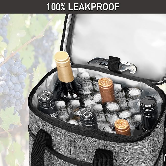 opux 6 Bottle Carrier Tote | Insulated Padded Wine Cooler Bag for Travel. Picnic, BYOB | Portable Leakproof Wine Tote Bag for Dinner, Party, Christmas, Wine Gift for Women, Men (Heather Gray)