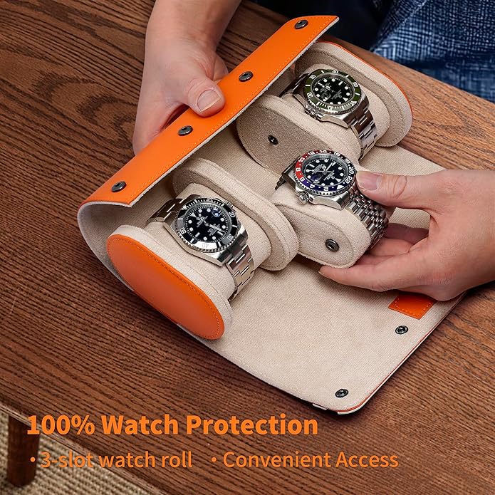 MOZSLY Watch Roll Travel Case 3 Slots Portable Box for Men and Women Watches Organizer Storage Holder PU Leather