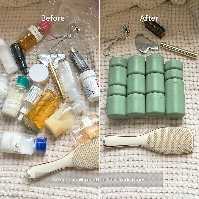Cadence Travel Containers - Body Care Capsule Set - Magnetic Containers with Lids,Carry On Travel Essentials for Women/Men - 3 Flex Mediums (1.32oz) - Body Wash, Lotion & Sun Icon Labels - Eucalyptus