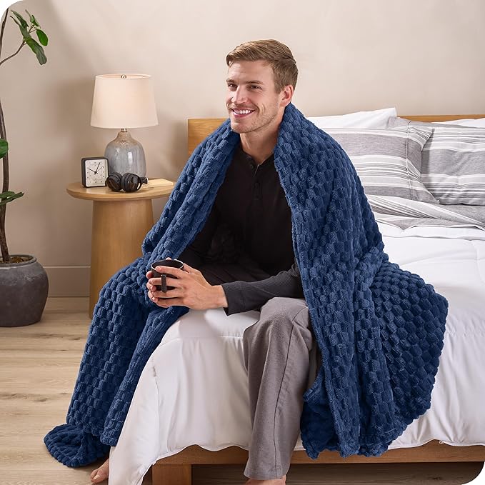 Bare Home Textured Fleece Blanket - Throw/Travel - Ultra-Soft Lightweight for Bed, Sofa, and Couch - Luxury Microplush - Cozy Warm Blanket (Throw/Travel, Waffle Dark Blue)