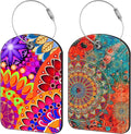 Colorful Mandala Luggage Tag for Suitcase Set of 2 PU Leather Cute Luggage Tags with Stainless Metal Loop ID Label Privacy Flap Suitcase Tags for Women and Men Travel