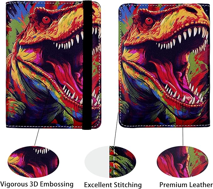 Passport Holder for Women and Men PU Leather Passport Cover for Travel (Colorful Dinosaur)