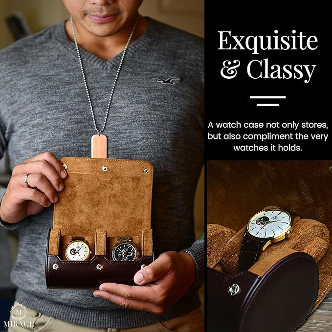 2 Watch Travel Case for Men Vegan Leather Watch Roll Case Organizer and Display - Elegant Gift - Espresso Brown Vegan Leather
