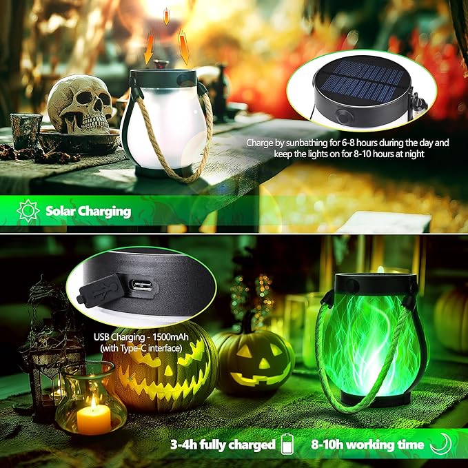 Halloween Solar Flame Lantern Hanging Outdoor Waterproof Purple - 2 Pack Flame Lanterns with Dual Charging Modes of Solar & USB for Garden or Yard Halloween Decorations (Green - 2 Pack)