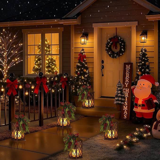 Christmas Solar Lanterns Outdoor, Waterproof Garden Hanging Lanterns, 13" Outdoor Christmas Decorative Lantern with LED Flickering Flameless Candles, Solar Lantern for Porch Yard Patio Decor