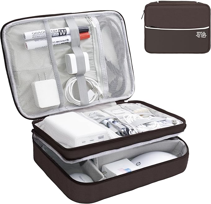 Electronics Organizer,Travel Cord Organizer Pouch, Portable Cable Organizer Bags, Waterproof Electronic Accessories Storage Case for Cables, Cords, Charger, Phone (Three Layer-Brown)