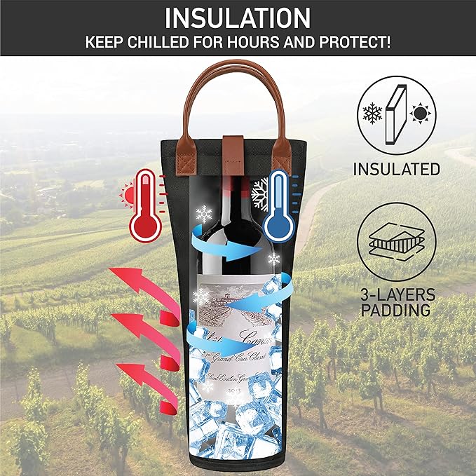 opux Wine Bag Single Bottle Carrier Tote, Insulated Travel Wine Cooler Bag for Picnic Beach Gift, Thermal Padded Portable One Bottle Holder Carrying Case for Women Men Wine Lovers, Black