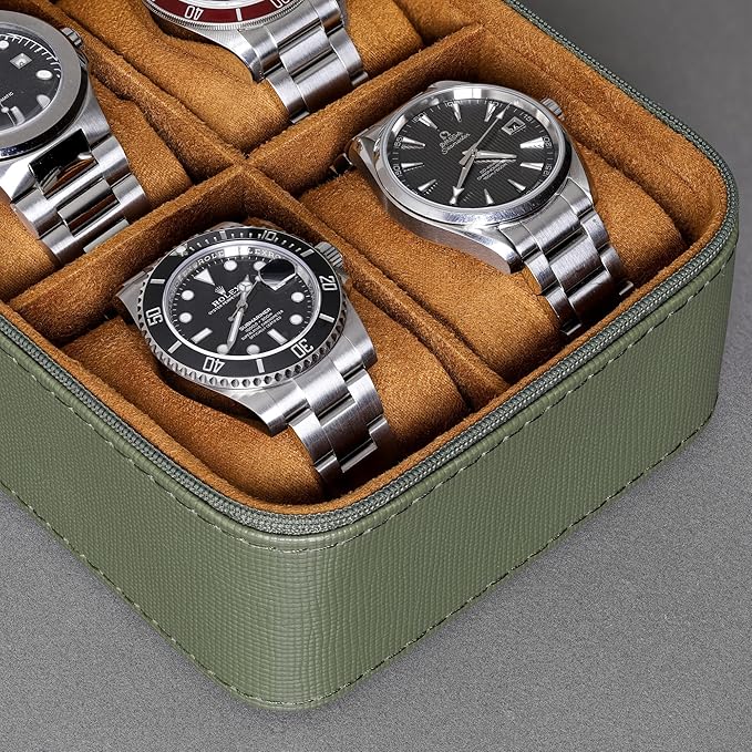 ROTHWELL 5 Watch Travel Case Storage Organizer for 5 Watches | Tough Portable Protection w/Zipper Fits All Wristwatches & Smart Watches Up to 50mm (Green/Tan)
