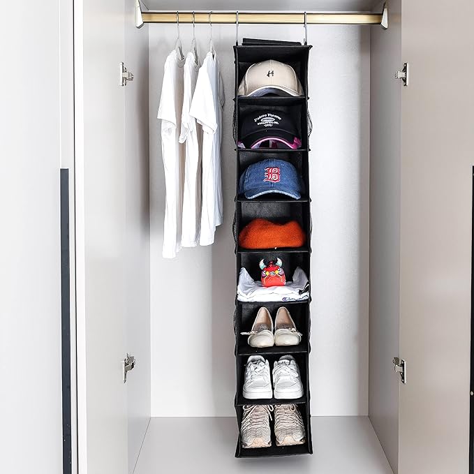 Hanging Shoe Organizer for Closet with Side Mesh Pockets，Hat Racks for Baseball Caps，Shoe and Hat Holder & Storage，8-Shelf，Black，2 Pack