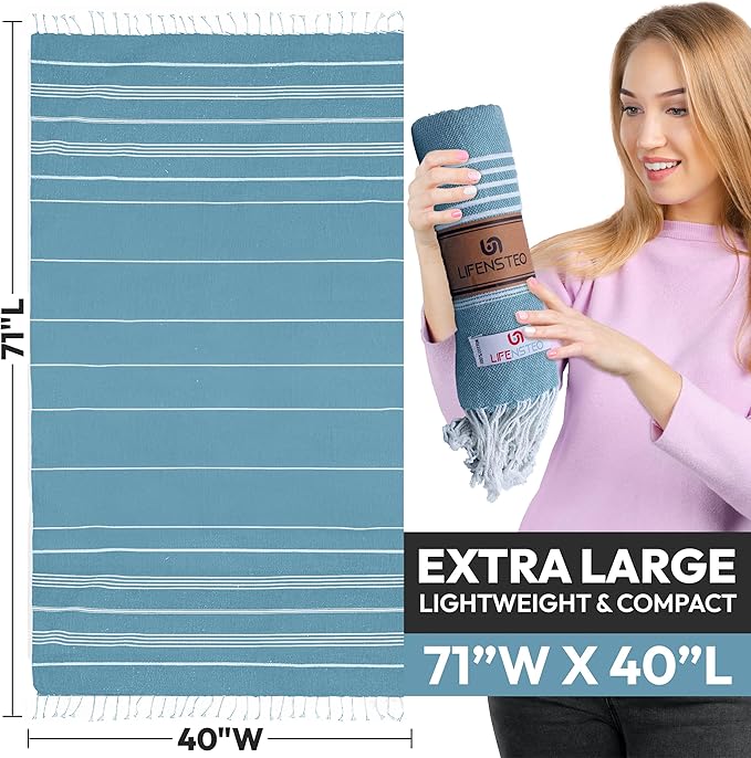 Turkish Beach Towel - 40x71 inch Oversized Sand Resistant Prewashed Turkish Towel - 100% Turkish Cotton Quick Drying, Compact, Lightweight Turkish Towel for Beach, Bath, Pool, Gym, Yoga