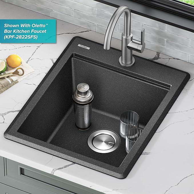 KRAUS Bellucci 18-inch Granite Workstation Drop In Top Mount Single Bowl Kitchen Sink in Metallic Black with Accessories, KGTW12-18MBL