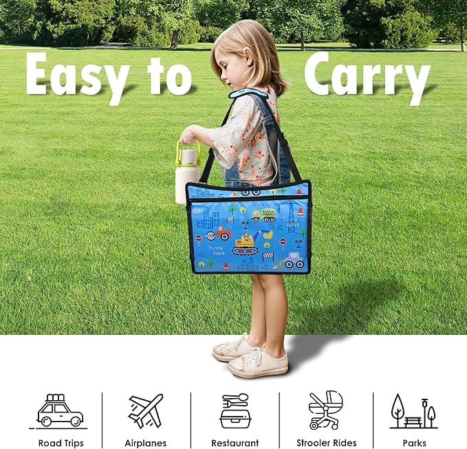 Kids Travel Tray, Kids Travel Trays for Car Seat, Road Trip Essentials for Toddler, Carseat Lap Tray with Dry Erase Board & Storage Organizer for Road Trip Activities for Kid, Light Blue