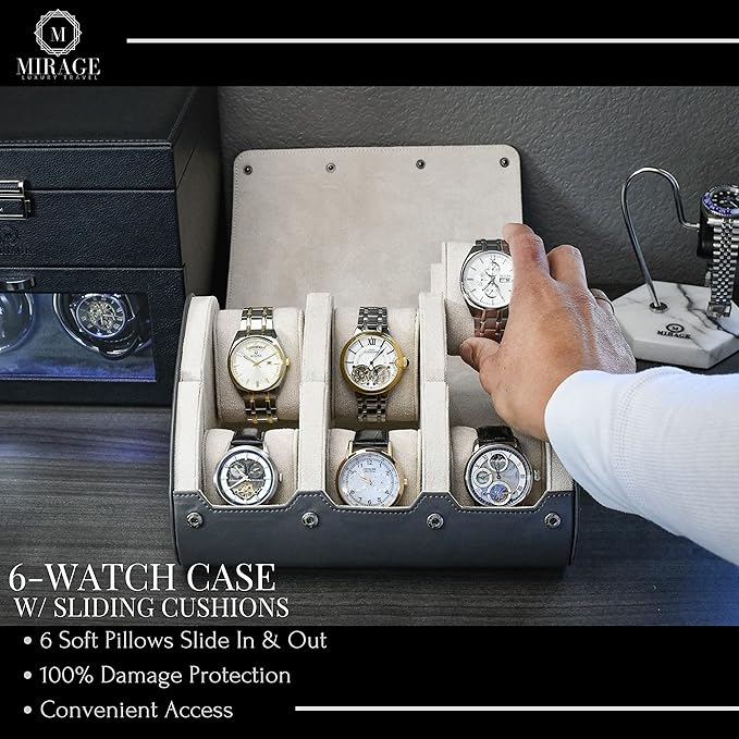 6 watch case box for travel and display organizer - Slate Grey & Ivory White