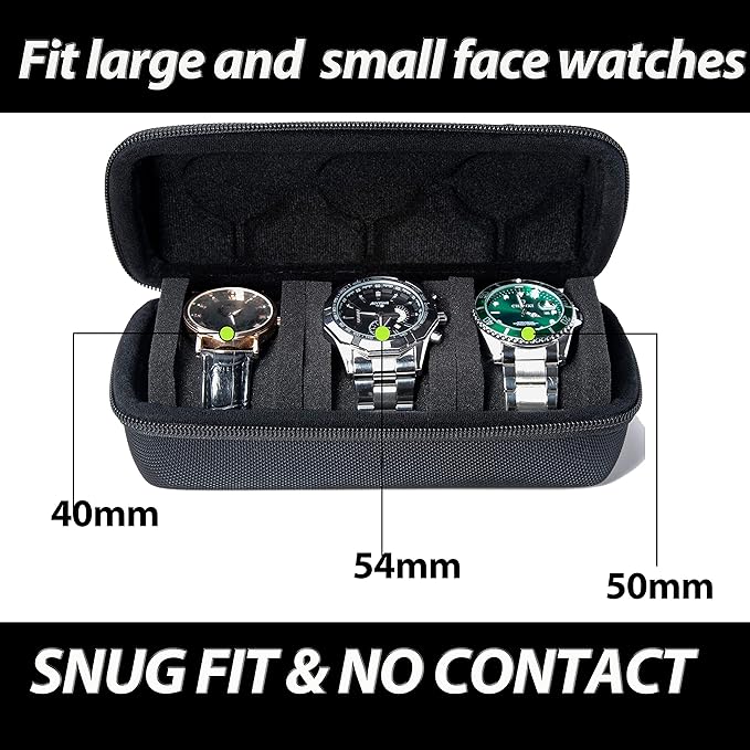 3 Slot Hard Watch Travel Case, Watch Roll Case Storage and Organizer for Men and Women, with anti-move watch pillow (Black fabric 3Slots)