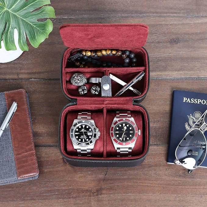 ROTHWELL 2 Watch Travel Case Storage Organizer for 2 Watches | Tough Portable Protection w/Zipper Fits All Wristwatches & Smart Watches Up to 50mm (Black/Red)