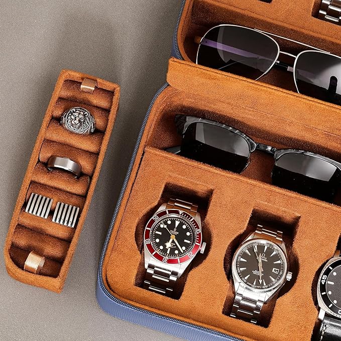 ROTHWELL 8 Watch Travel Case Storage Organizer for 8 Watches, Sunglasses, Rings & Cufflinks |Tough Portable Protection with Zipper Fits Most Wristwatches & Smart Watches Up to 50mm (Blue/Tan)
