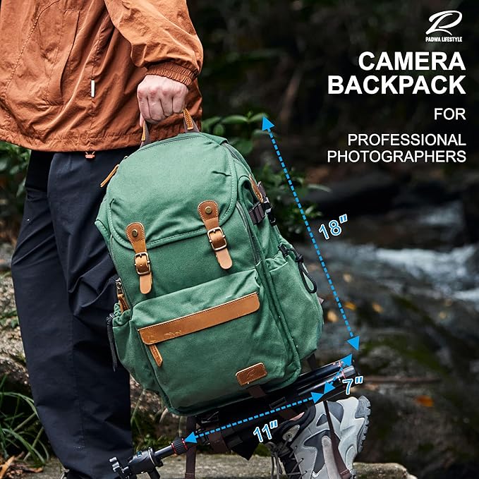 Padwa Lifestyle Green Camera Backpack - Professional DSLR & UAV Camera Bag,Anti Theft Canvas Camera Backpacks with Rain Cover,Large Capacity Photography Travel Camera Bag with Multi Compartments