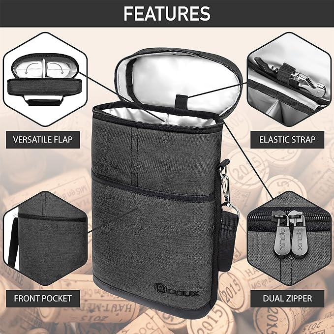 opux 2 Bottle Wine Carrier Tote, Insulated Leakproof Wine Cooler Bag, Wine Travel Bag for Picnic BYOB Beach, Portable Wine Bottle Carrying Case, Gift for Wine Lover Women Men Christmas, Charcoal Grey