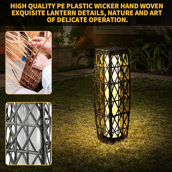 Solar Powered Outdoor Floor, 2 Piece Outdoor Floor Lamps, Solar Lanterns Waterproof, Resin Wicker Weather-Resistant Rattan Deck Light for Patio, Lawn, Porch, Garden