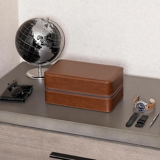 ROTHWELL 8 Watch Travel Case Storage Organizer for 8 Watches, Sunglasses, Rings & Cufflinks |Tough Portable Protection with Zipper Fits Most Wristwatches & Smart Watches Up to 50mm (Tan/Brown)