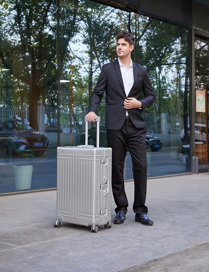 All Aluminum Magnesium Carry On Luggage，Cut from Whole Aluminum Sheet，22x14x9 Airline Approved ，（3rd Generation，Premium Magnesium Metal zipperless suitcase ） (silvery, 20+28inch)