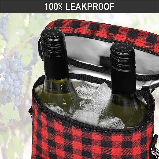 Opux 2 Bottle Wine Tote Carrier, Insulated Cooler Bag for Travel Picnic, Leakproof Padded Case, Wine Gifts for Women & Men, Plaid Buffalo Red