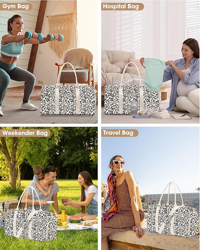 Women Duffle Weekender Travel Bag: Large Duffel Bags with Shoe Compartment Carry On Overnight Tote Bag with Wet Pocket Toiletry Bag Traveling Weekend Gym Yoga Hospital Bags for Womens Leopard