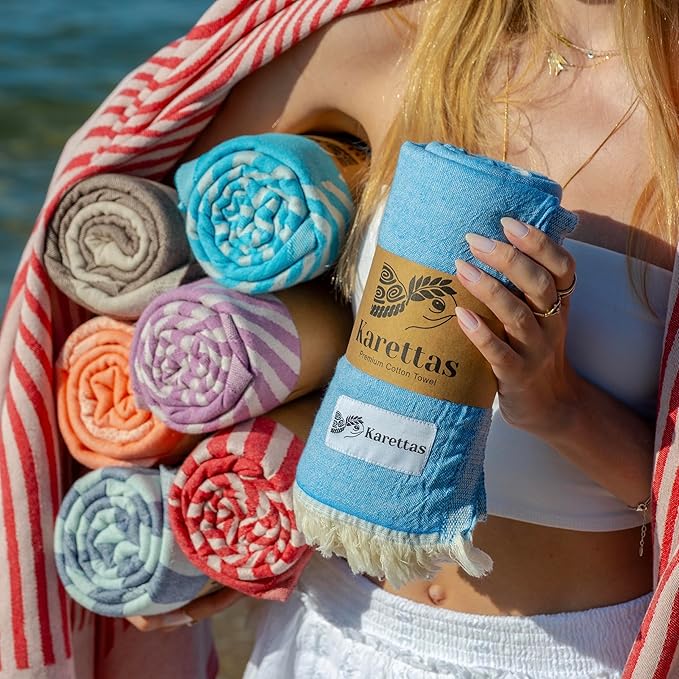 Turkish Beach Towel - 100% Organic Cotton - Soft, Quick-Dry, Sand Proof, Prewashed - Lightweight & Oversized for Beach, Pool, Yoga, Bath, Travel, Gym, Throw - Turqua (Blue)