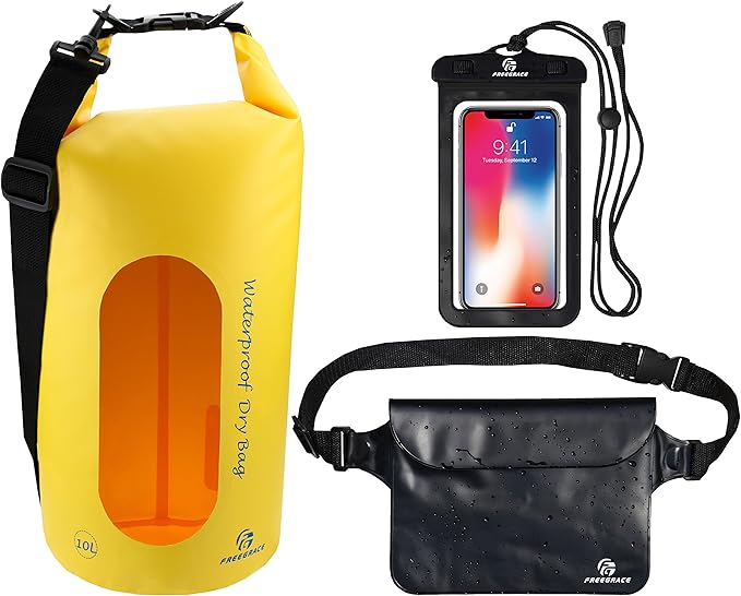 Freegrace Waterproof Dry Bags Set of 3 Dry Bag with 2 Zip Lock Seals & Detachable Shoulder Strap, Waist Pouch & Phone Case - Can Be Submerged Into Water - for Swimming (Yellow(Window), 20L)