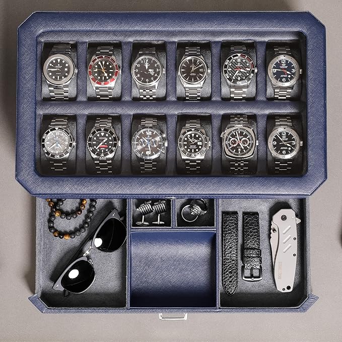 ROTHWELL 12 Slot Leather Watch Box with Valet Drawer - 12 Slot Luxury Watch Case Display Organizer, Microsuede Liner, Mens Accessories Holder, Jewelry Case, Jewelry Display Organizer (Dark Blue/Grey)