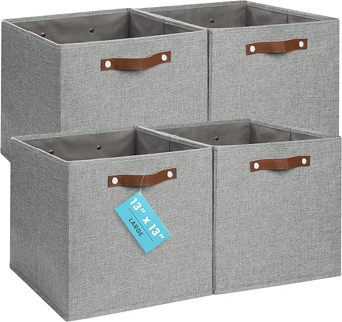 OrganiHaus 13x13 Cube Fabric Storage Bins Set of 4, Fabric Storage Cubes w/ Vegan Handles, 13 inch Collapsible Bins for Clothes & Toy Organizer, Cubbies Organizer, 13x13 Basket for Decor - Grey