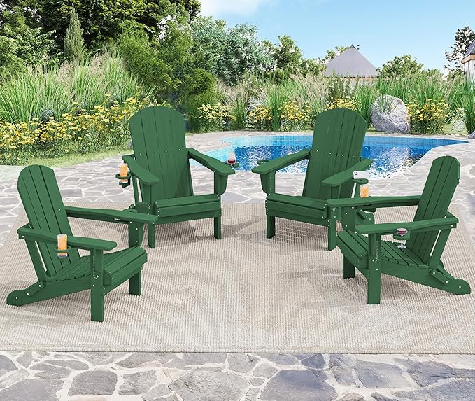 SERWALL Adirondack Chair with Cup Holders - Composite Adirondack Chairs Set of 8 HDPE Outdoor Chairs All Weather Use- Green