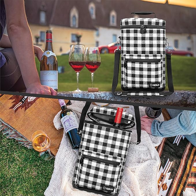 Opux 2 Bottle Wine Tote Carrier, Insulated Cooler Bag for Travel Picnic, Leakproof Padded Case, Wine Gifts for Women & Men, Plaid Buffalo White