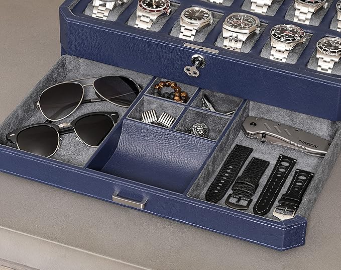 ROTHWELL 12 Slot Leather Watch Box with Valet Drawer - 12 Slot Luxury Watch Case Display Organizer, Microsuede Liner, Mens Accessories Holder, Jewelry Case, Jewelry Display Organizer (Dark Blue/Grey)