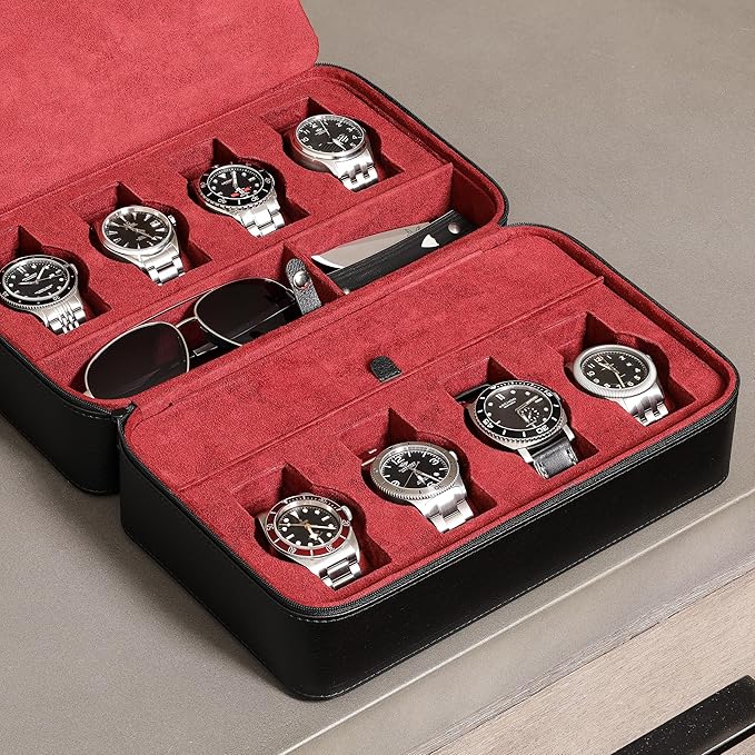 ROTHWELL 8 Watch Travel Case Storage Organizer for 8 Watches, Sunglasses, Rings & Cufflinks |Tough Portable Protection with Zipper Fits Most Wristwatches & Smart Watches Up to 50mm (Black/Red)