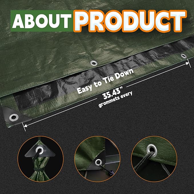5x7 Feet Tarp Waterproof,Small Tarps,9Mil Thick,Finished Size Tarps,UV Resistant,Durable,Multipurpose Poly Tarp Cover with Metal Grommets and Reinforced Edges,Green/Black by RAINDEWAY