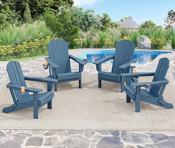 SERWALL Folding Adirondack Chair, HDPE Adirondack Chairs Set of 8, Plastic Outdoor Chairs- Looks Exactly Like Real Wood- Navy