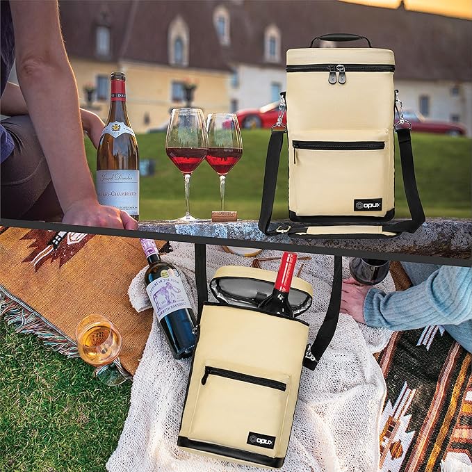 opux Wine Bag 2 Bottle Wine Tote Carrier, Insulated Wine Cooler Bag for Travel Picnic, Leakproof Portable Bottle Padded Case, Wine Gifts For Women Men Wine Lovers Christmas, Cream Beige