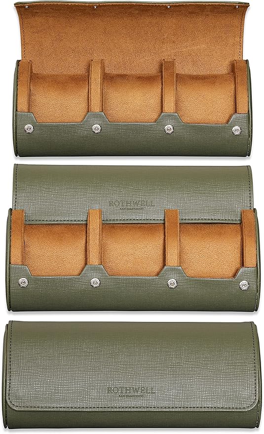 ROTHWELL Watch Roll Travel Case for 3 Watches | Tough Portable Protection, Fits All Wrist Watch & Smart Watches Up to 50mm (Green/Tan)