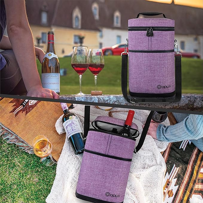 opux 2 Bottle Wine Carrier Tote, Insulated Leakproof Wine Cooler Bag, Wine Travel Bag for Picnic BYOB Beach, Portable Wine Bottle Carrying Case, Gift for Wine Lover Women Men Christmas, Purple