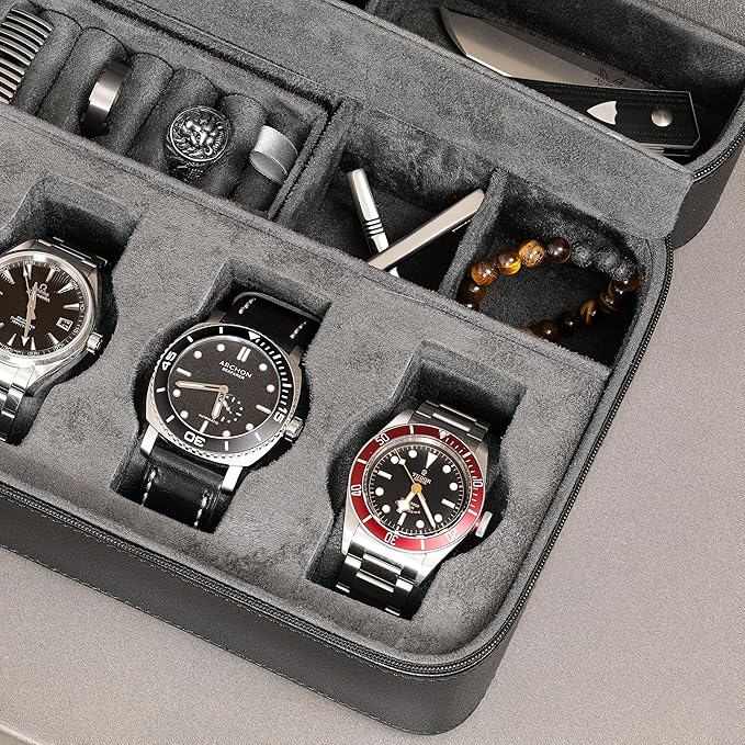 ROTHWELL 8 Watch Travel Case Storage Organizer for 8 Watches, Sunglasses, Rings & Cufflinks |Tough Portable Protection with Zipper Fits Most Wristwatches & Smart Watches Up to 50mm (Black/Grey)