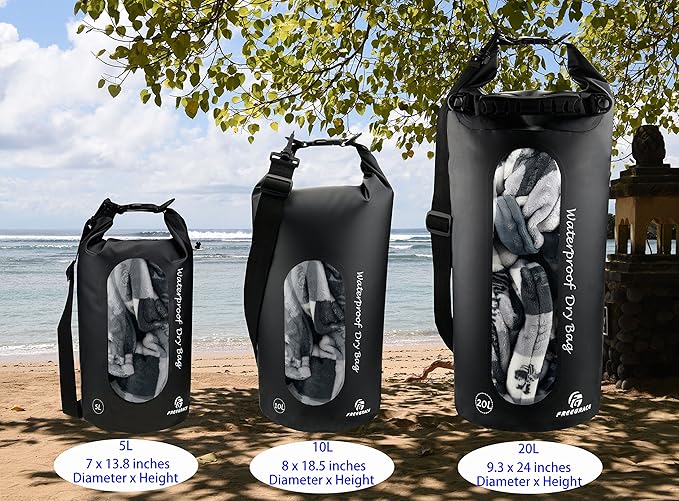 Freegrace Waterproof Dry Bags Set of 3 Dry Bag with 2 Zip Lock Seals & Detachable Shoulder Strap, Waist Pouch & Phone Case - Can Be Submerged Into Water - for Swimming (Black(Window), 10L)
