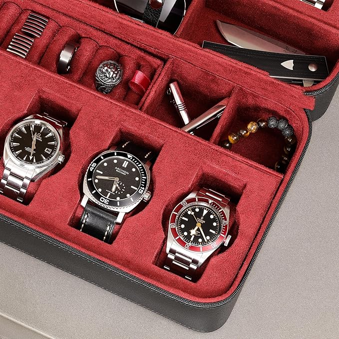 ROTHWELL 8 Watch Travel Case Storage Organizer for 8 Watches, Sunglasses, Rings & Cufflinks |Tough Portable Protection with Zipper Fits Most Wristwatches & Smart Watches Up to 50mm (Black/Red)