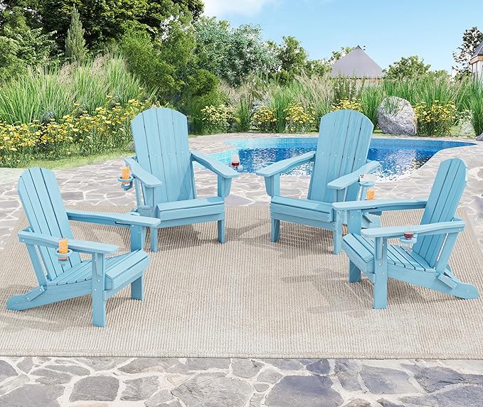 SERWALL Adirondack Chair with Cup Holders - Composite Adirondack Chairs Set of 4 HDPE Outdoor Chairs All Weather Use- Light Blue