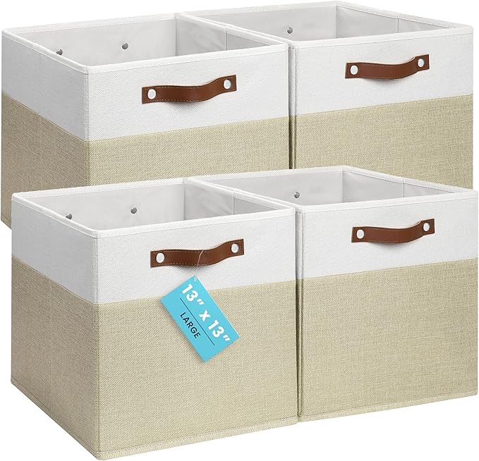 OrganiHaus 13x13 Cube Fabric Storage Bins Set of 4, Fabric Storage Cubes w/ Vegan Handles, 13 inch Collapsible Bins for Clothes & Toy Organizer, Cubbies Organizer, 13x13 Basket for Decor - Beige/White