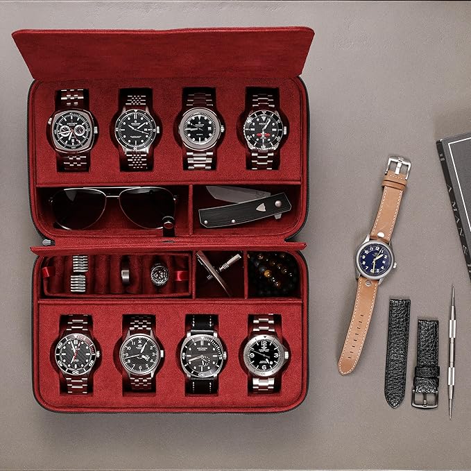 ROTHWELL 8 Watch Travel Case Storage Organizer for 8 Watches, Sunglasses, Rings & Cufflinks |Tough Portable Protection with Zipper Fits Most Wristwatches & Smart Watches Up to 50mm (Black/Red)